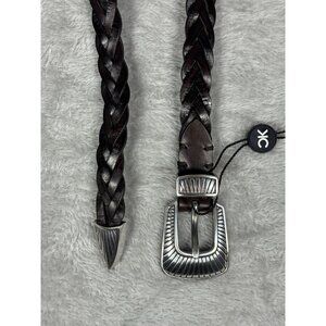KATE CATE Thin Kim Hand-Braided Brown Leather Belt With Silver Buckle S
